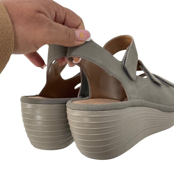 Clarks Reedly Juno Tan Sage Leather Wedge Sandals Womens 9.5M Adjustable Straps - Picture 14 of 15